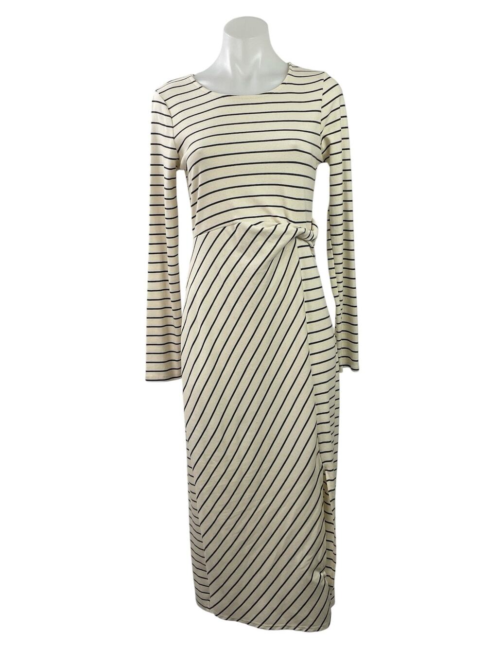 Kaileigh Womens Cream Black Striped Long Sleeve Tie Front Maxi Sweater Dress M